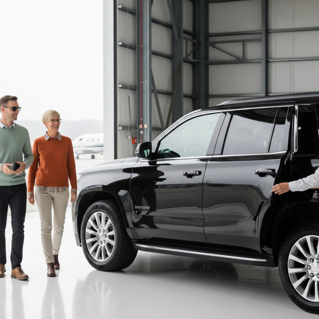 NJ chauffeur assisting travelers into a luxury black SUV inside a private hangar; meet-and-greet service for TEB/EWR FBO arrivals.
