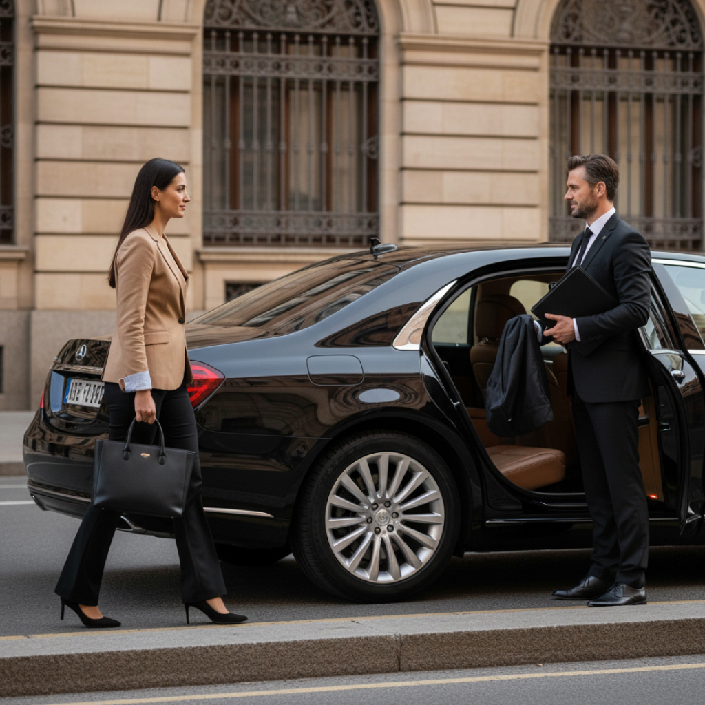 Professional chauffeur holding the door of a black luxury sedan as a business traveler approaches for curbside pickup outside an office building in New Jersey.
