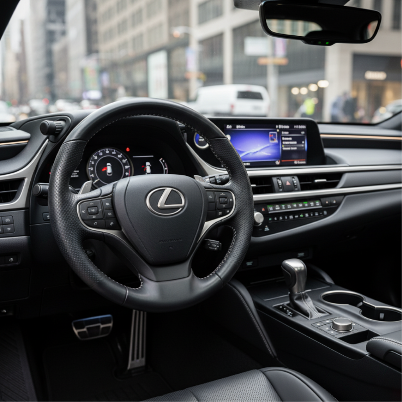 Close-up of Lexus ES steering wheel and dashboard with navigation display, representing New Jersey black car and chauffeur service to Newark EWR and NYC.
