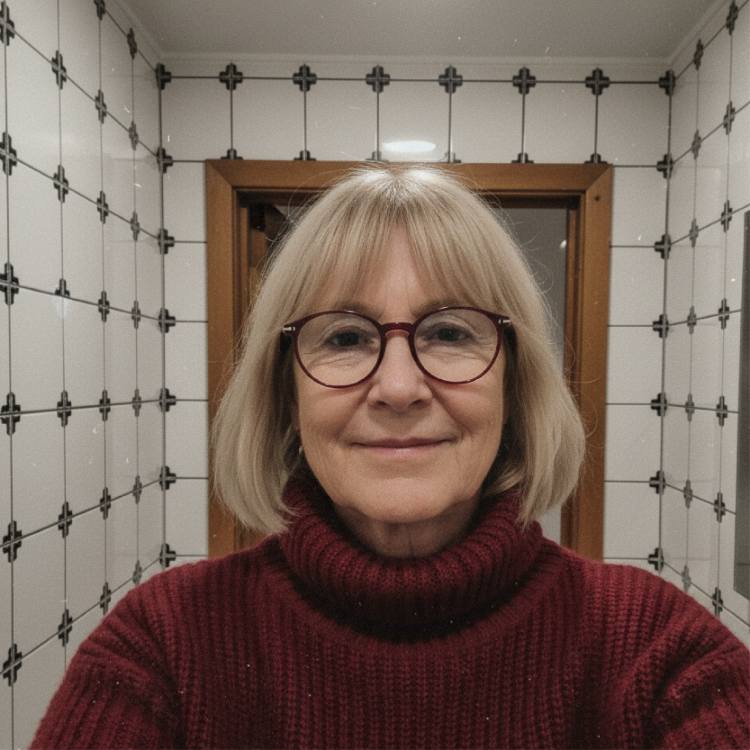 Smiling older woman in glasses and burgundy sweater indoors; client portrait for New Jersey chauffeur service page.