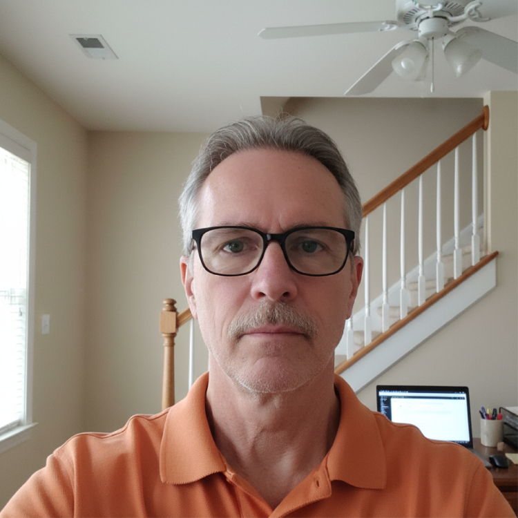 Middle-aged man with glasses in an orange polo at home office with laptop, representing New Jersey business traveler for chauffeur service page.