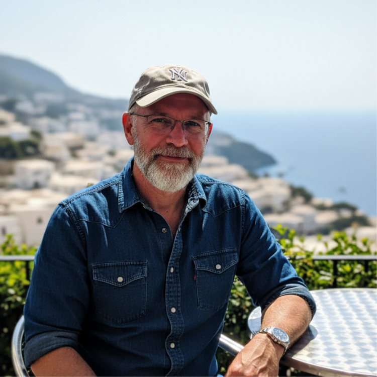 Smiling middle-aged man in cap and denim shirt seated outdoors by the sea, representing a satisfied NJ private car service customer.