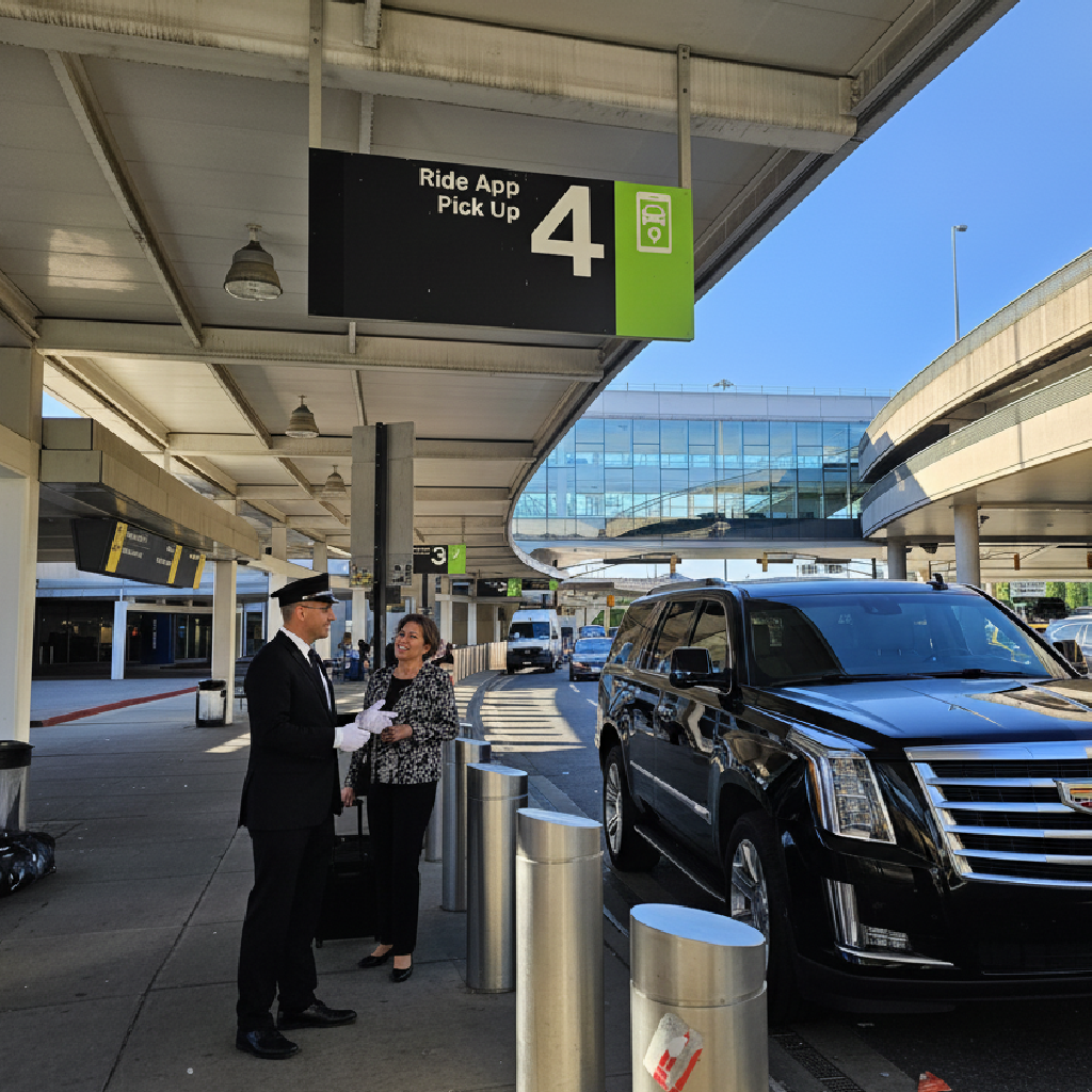 Black Cadillac SUV with a uniformed chauffeur assisting a traveler at Newark Liberty International Airport’s curbside Ride App pickup area under a modern canopy.