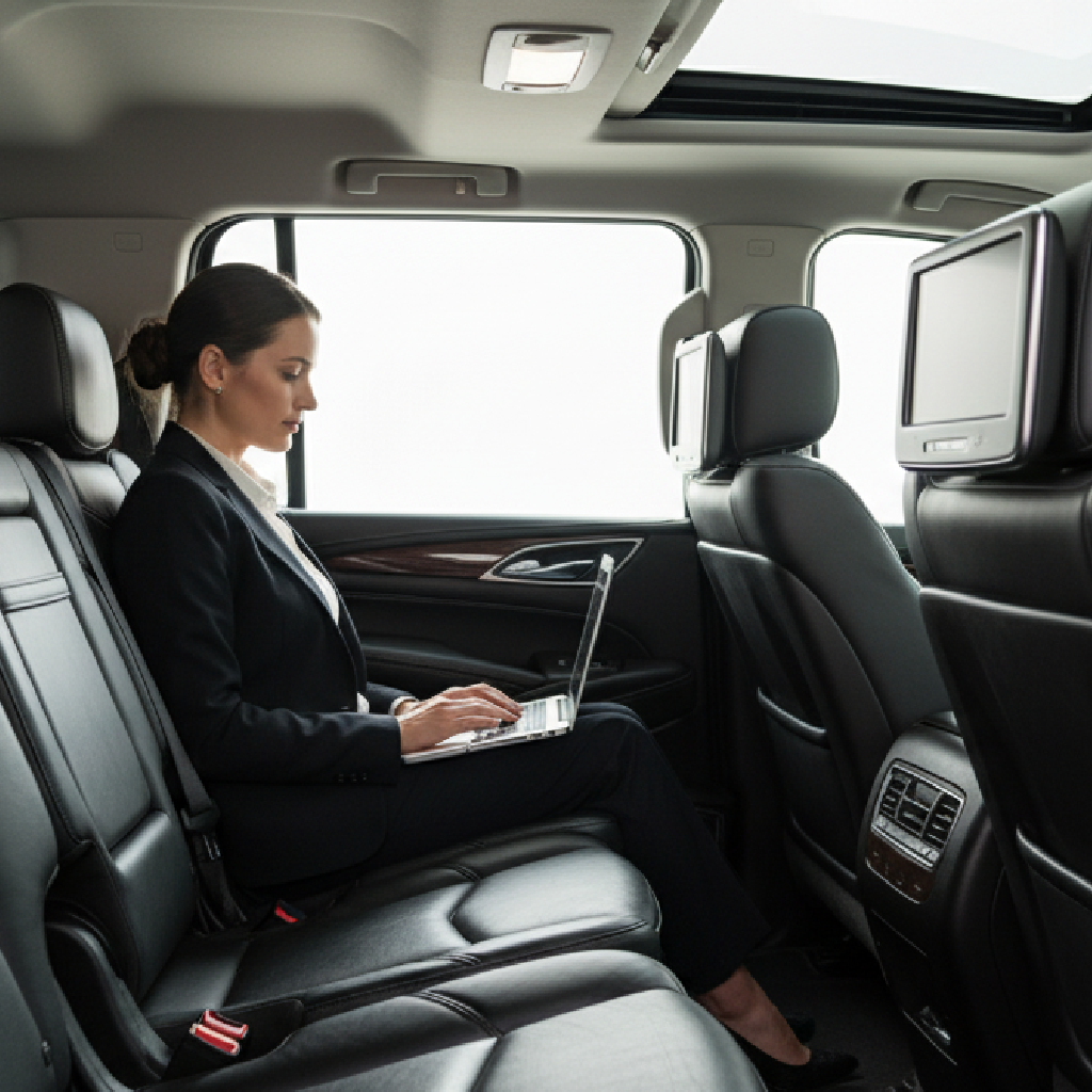 Professional woman working on a laptop in the rear seat of a luxury SUV with headrest screens and a panoramic roof during a city-to-city transfer.