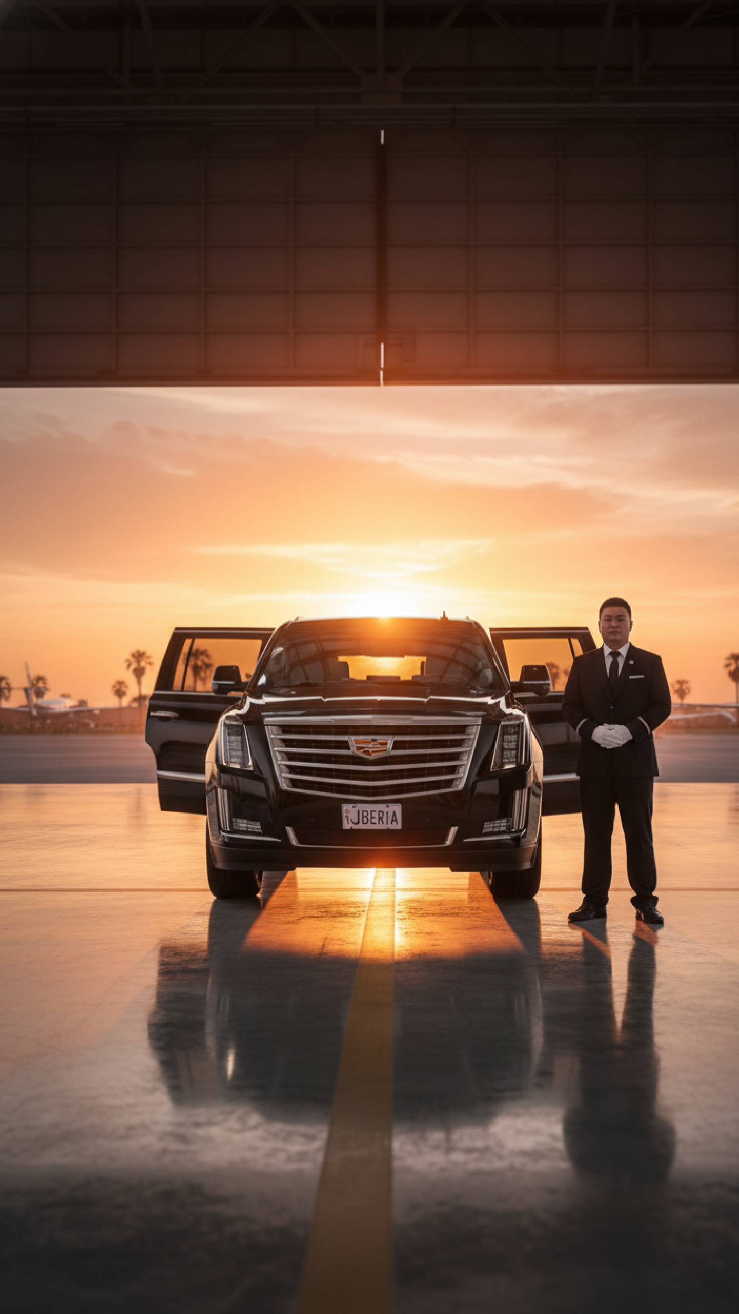 Black Cadillac Escalade parked at a hangar during sunrise with doors open and a uniformed chauffeur standing beside the vehicle, prepared for a private jet transfer at Teterboro Airport.