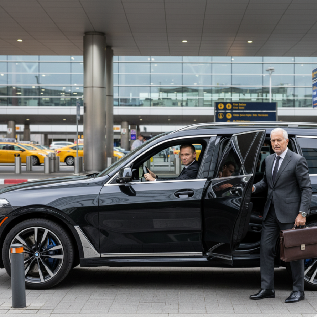 Businessman with briefcase enters a black luxury SUV while a uniformed chauffeur waits at the JFK terminal curb.