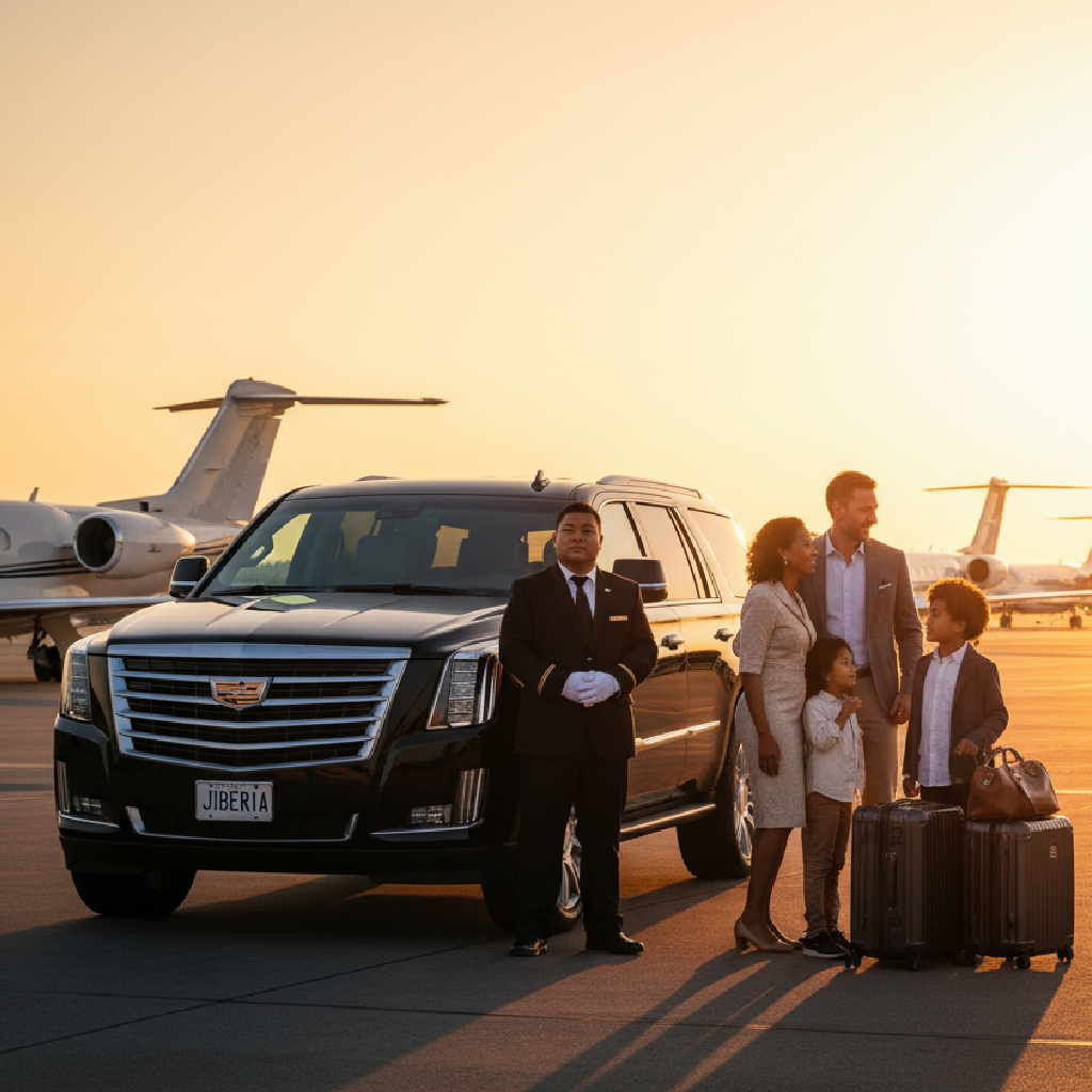 A black Cadillac SUV with a uniformed chauffeur assisting a traveler outside Newark Liberty International Airport’s Terminal A at sunset, the terminal roof glowing orange.