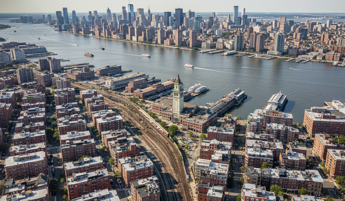 Aerial view of Hoboken with the Lackawanna Clock Tower, rail yards, and the Hudson River facing the Manhattan skyline.