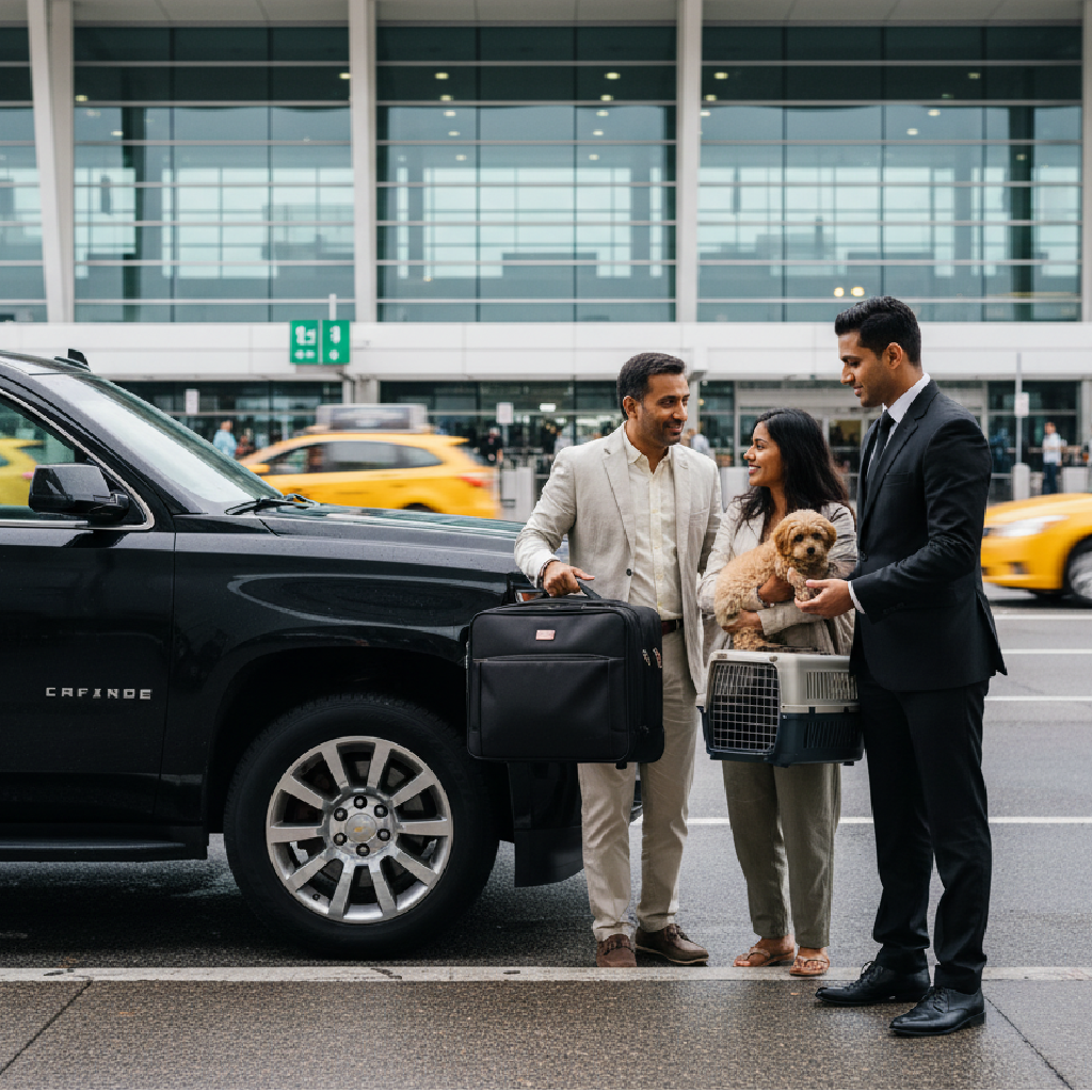 Chauffeur assists a couple with luggage and a pet carrier beside a black SUV outside the JFK terminal.