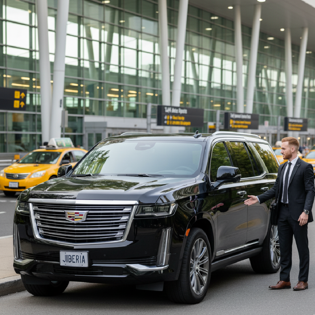 Black Cadillac Escalade with a suited chauffeur greeting a passenger at the JFK airport curb.