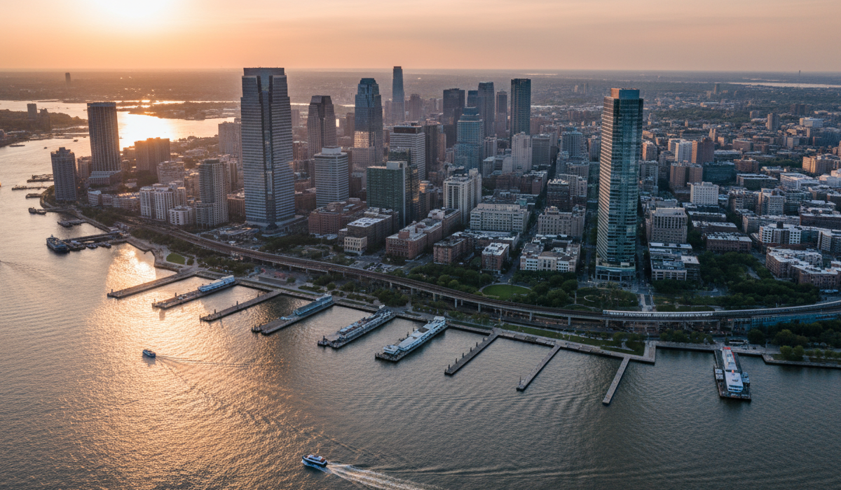 Aerial view of Jersey City skyline with waterfront piers and boats on the Hudson River at sunset.