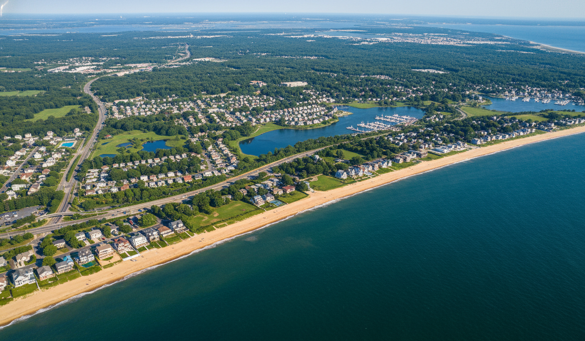 Aerial view of Long Island beach with coastal neighborhoods and marinas along the Atlantic shoreline.