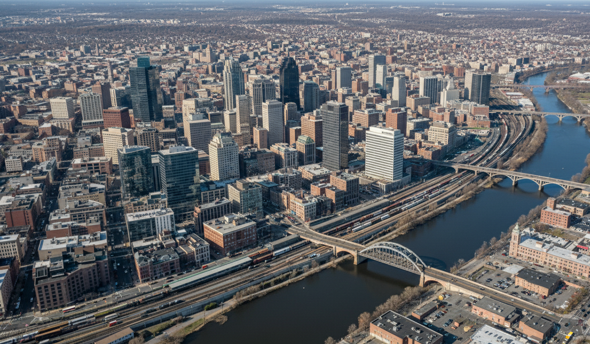 Aerial view of downtown Newark, New Jersey with bridges over the Passaic River and rail lines.