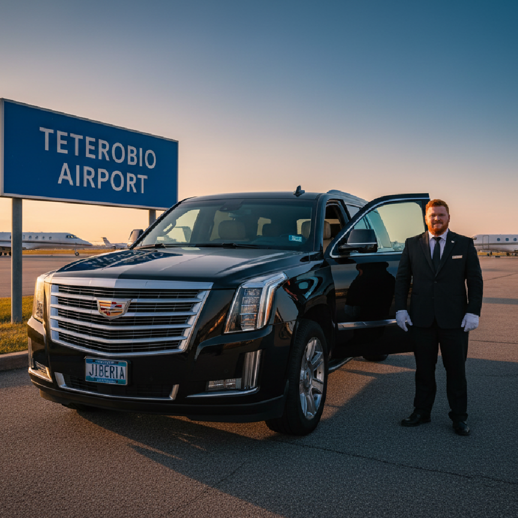 Chauffeur standing beside a black Cadillac Escalade near a Teterboro Airport sign with private jets in the background at sunrise.