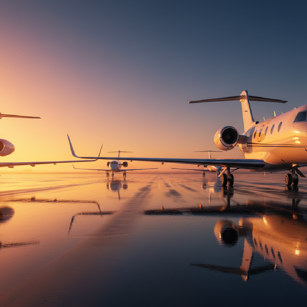 Close view of multiple business jets lined up on a wet tarmac at sunrise with warm reflections, illustrating private jet ground transfers at Teterboro.