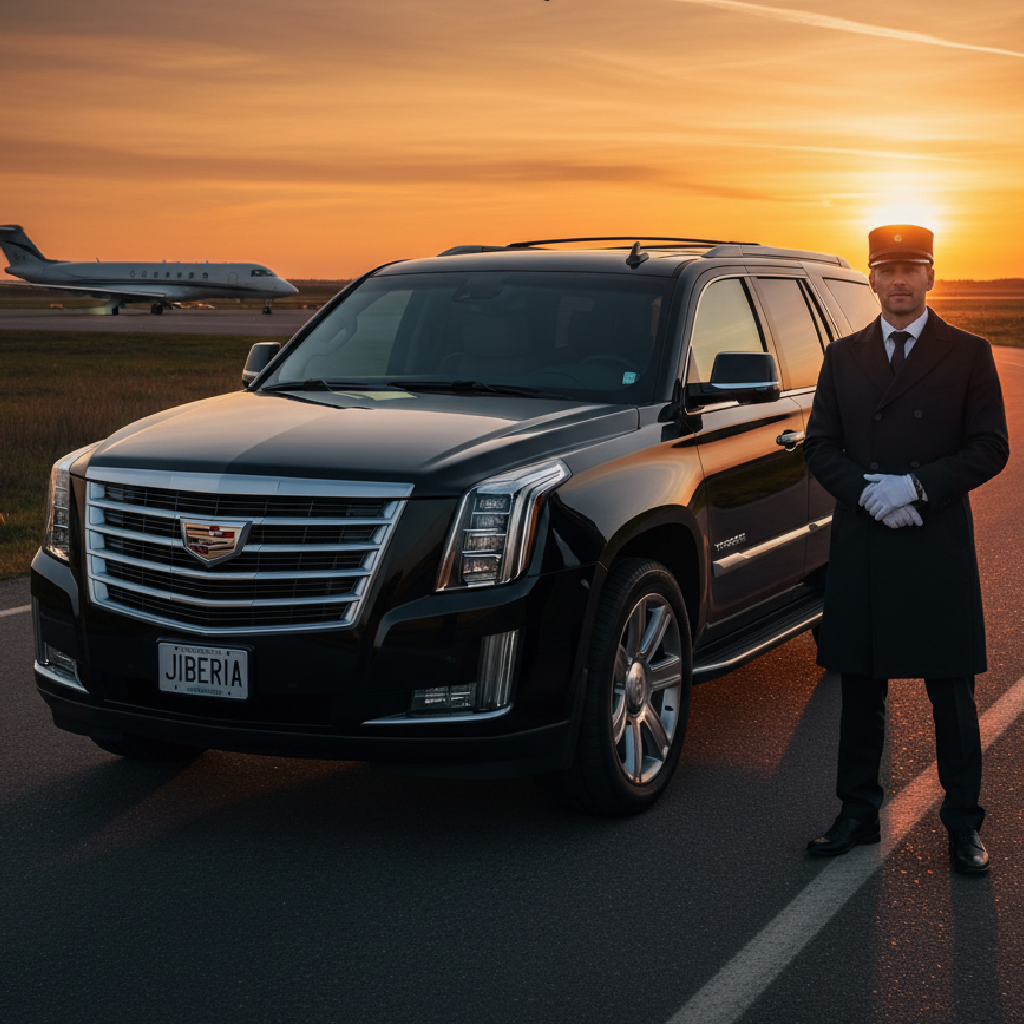 Black Cadillac Escalade with a uniformed chauffeur standing on the tarmac at sunrise, private jets in the background at Teterboro Airport.