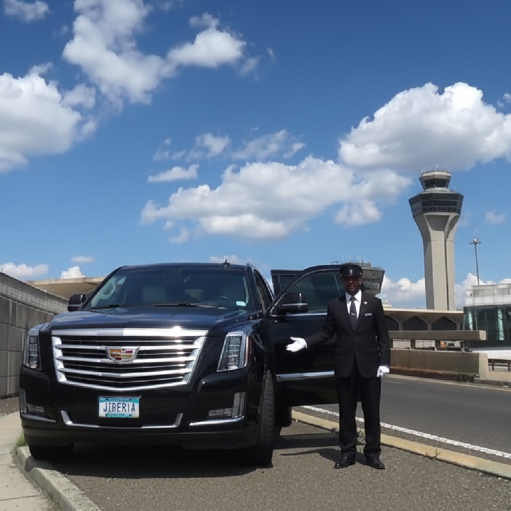 Chauffeur standing beside a black Cadillac SUV near the EWR control tower, ready for curbside airport pickup.