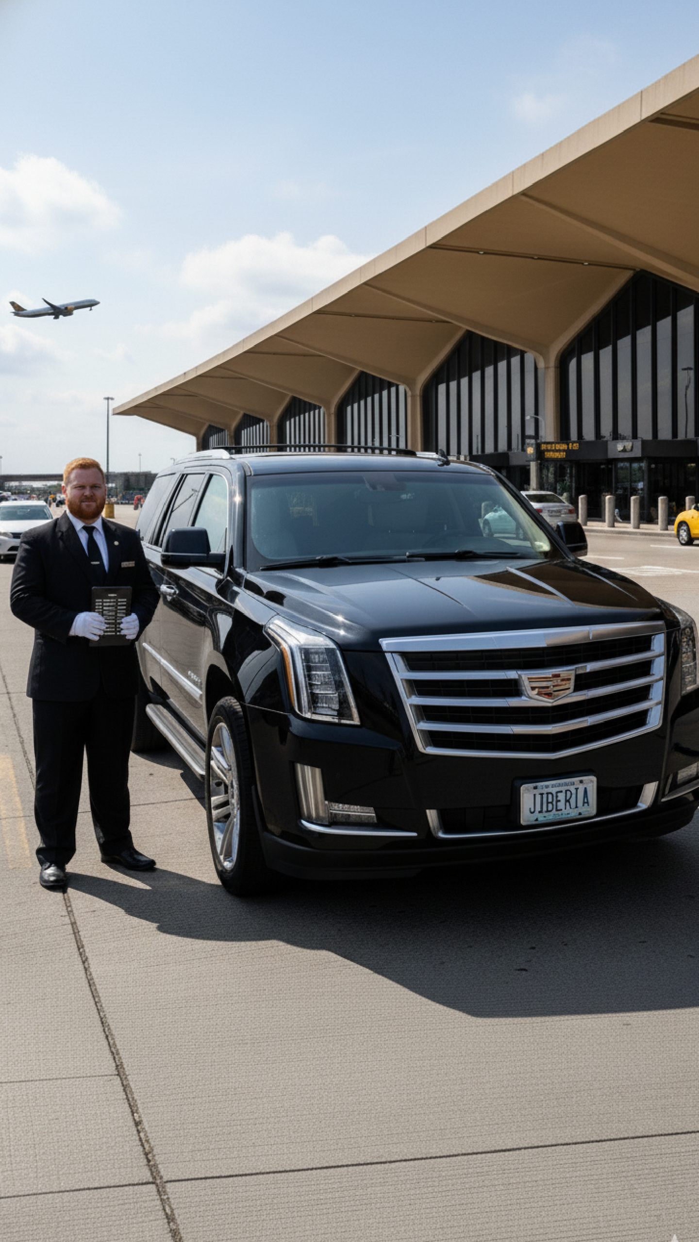 Black Cadillac Escalade with a uniformed chauffeur assisting a business traveler outside Newark Liberty International Airport Terminal A at sunset.