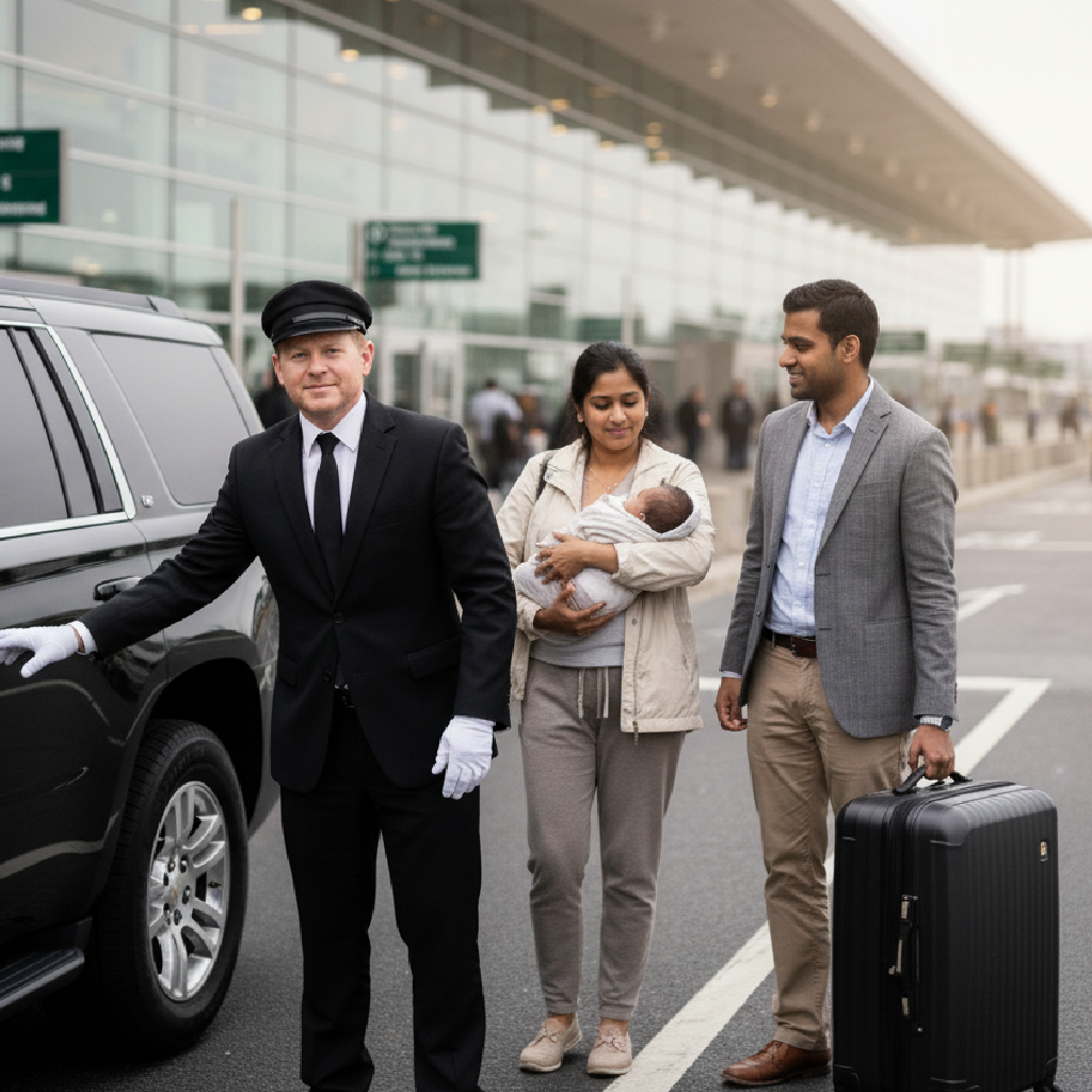 Uniformed chauffeur opens a black SUV as parents with a newborn and luggage approach outside a modern airport terminal in New Jersey.