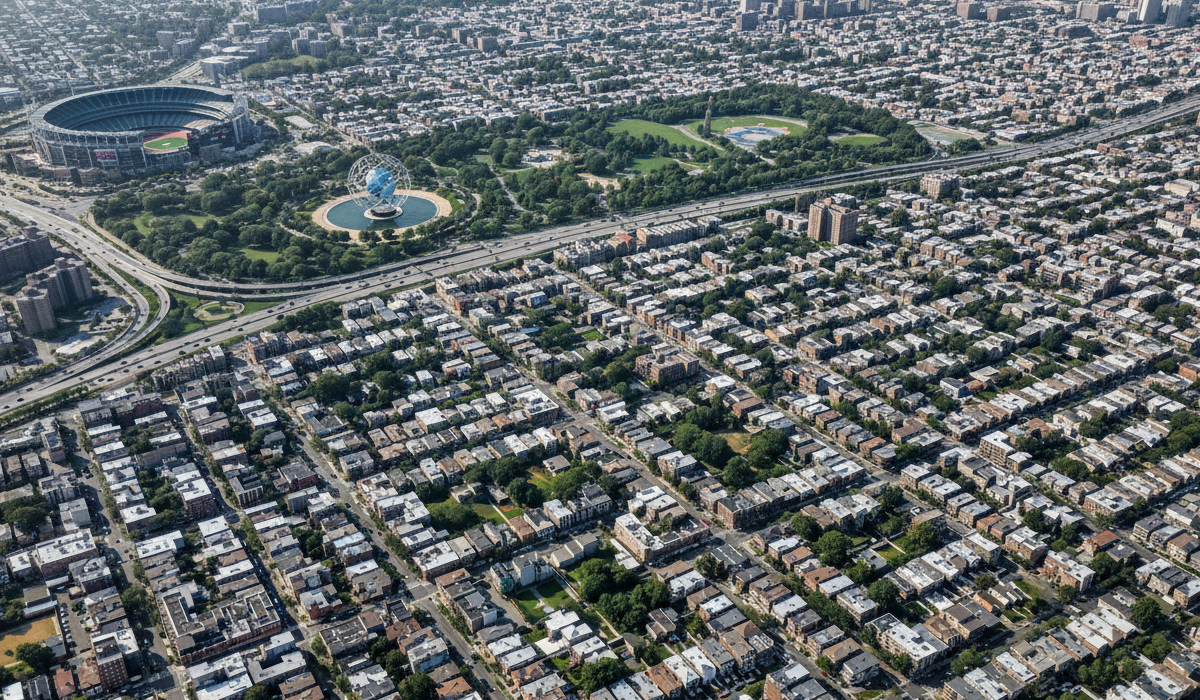 Aerial view of Queens showing the Unisphere at Flushing Meadows Corona Park and Citi Field alongside a highway, with surrounding residential neighborhoods.
