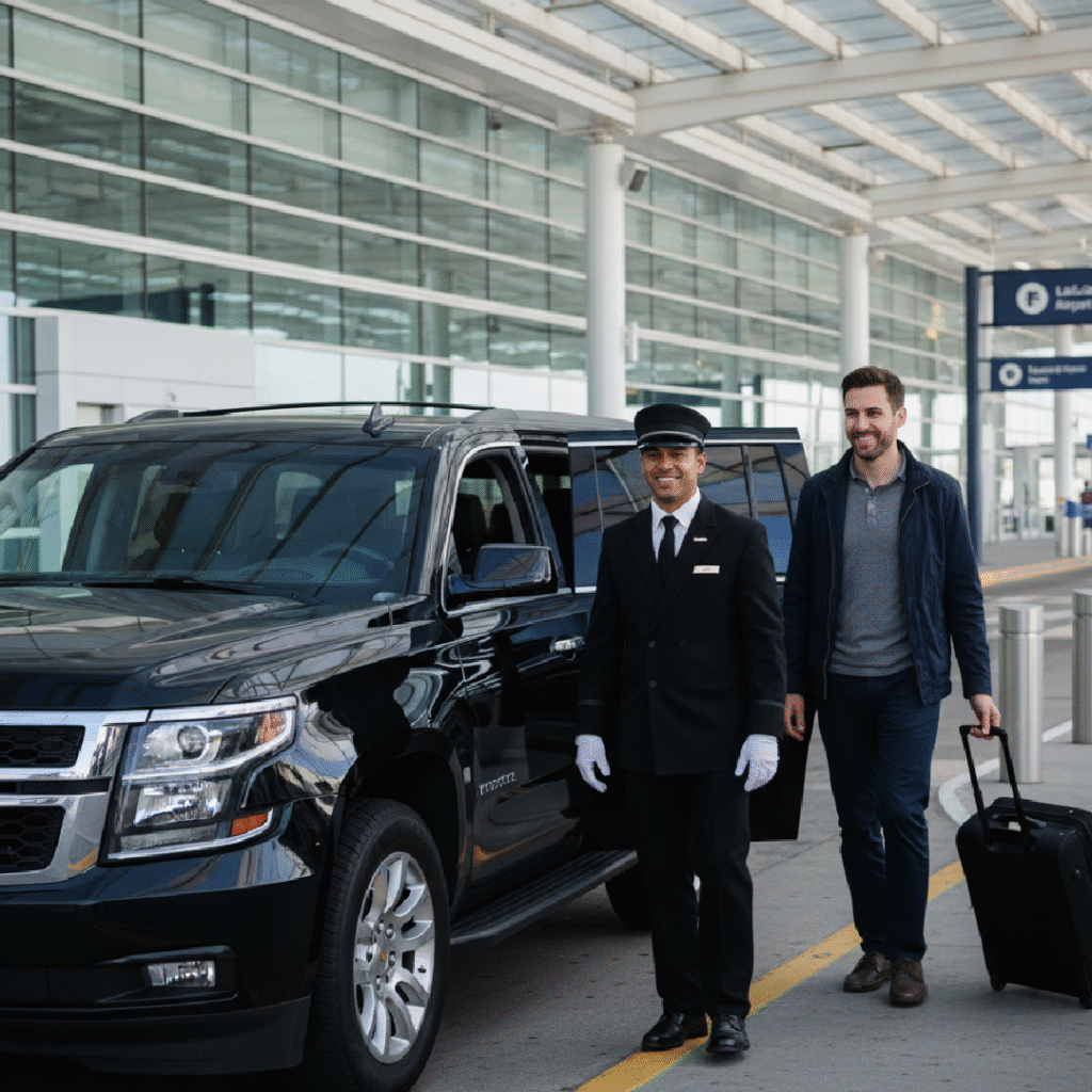 Chauffeur in black uniform and white gloves guiding a traveler with a rolling suitcase to a black Chevrolet SUV at LaGuardia’s glass terminal curb.