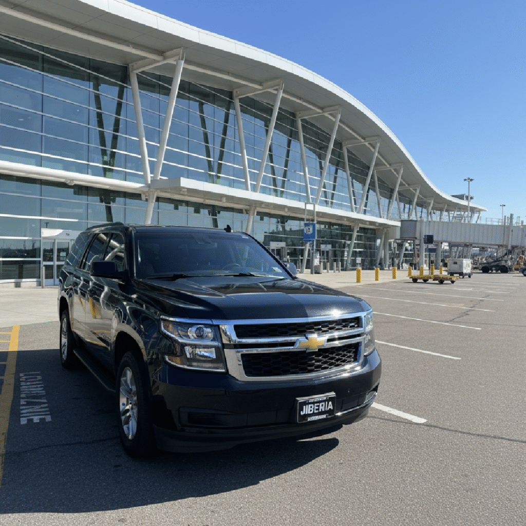 Black Chevrolet SUV with a JIBERIA plate parked in the call-ahead lane outside LaGuardia’s glass terminal on a clear day.