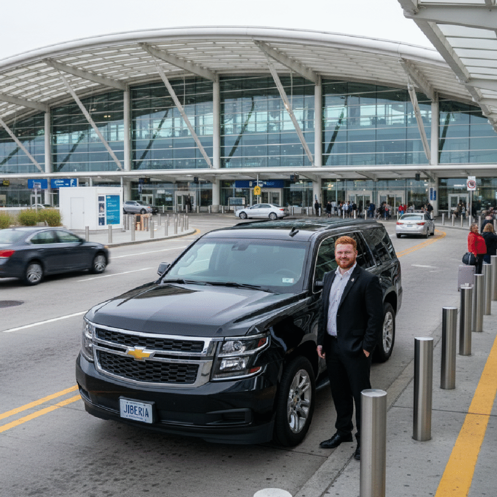 Black Chevrolet SUV with a Jiberia plate parked at LaGuardia Terminal B, chauffeur standing beside the vehicle, glass terminal and travelers in the background.
