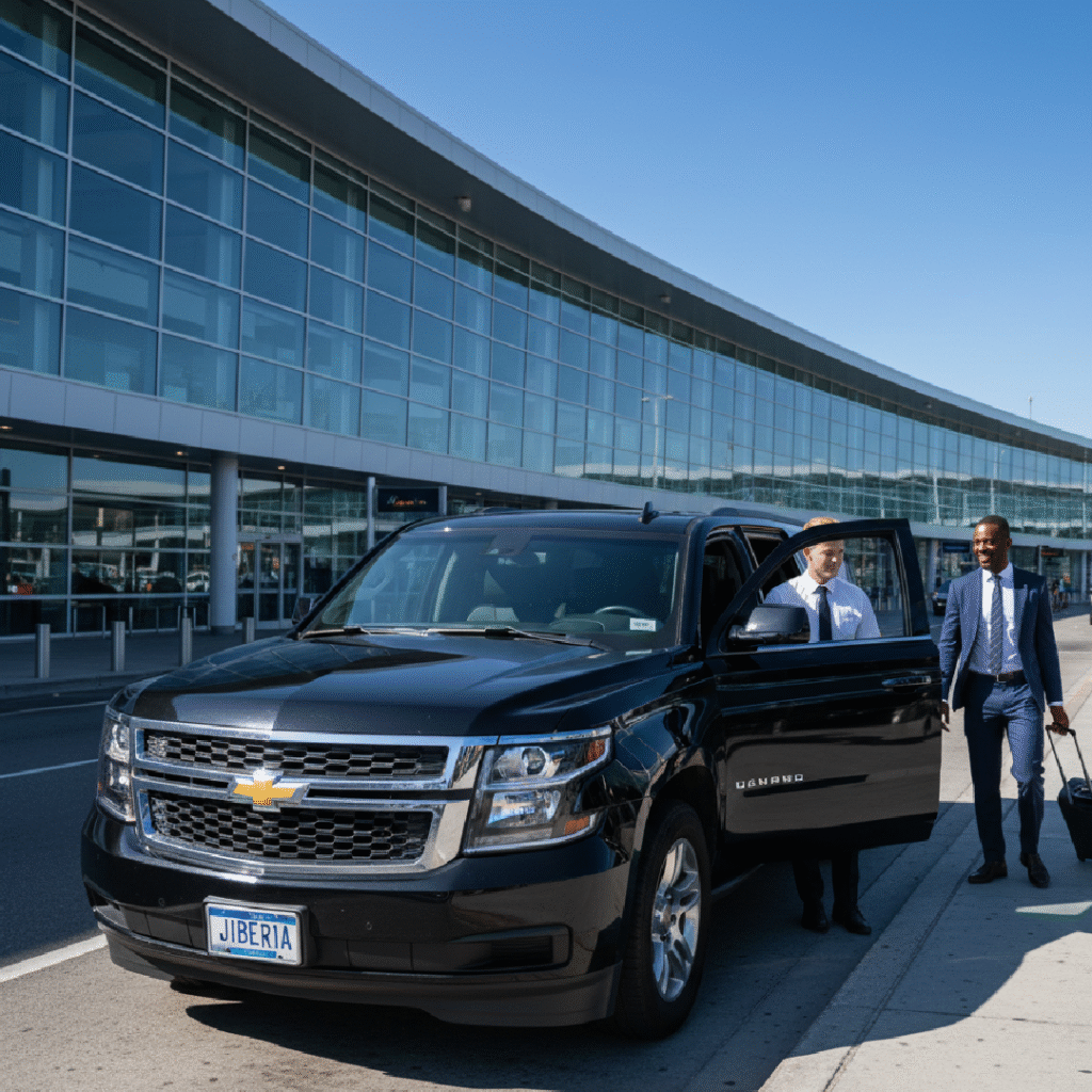 Black Chevrolet SUV with a JIBERIA plate parked at LaGuardia Terminal B while a uniformed chauffeur holds the rear door open for a suited passenger with a rolling suitcase beside the glass terminal.