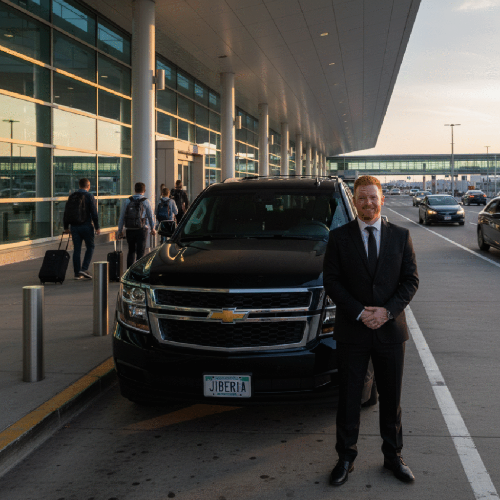 Black Chevrolet SUV with a JIBERIA plate parked at the LaGuardia terminal curb at sunset, chauffeur in a black suit standing by for passenger pickup.
