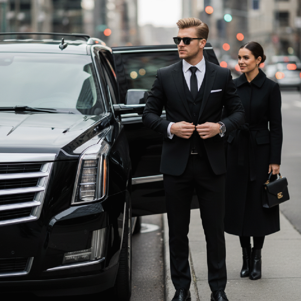 Chauffeur in a black suit adjusting his jacket beside a black luxury SUV on a Manhattan street, with a female passenger approaching the open rear door.